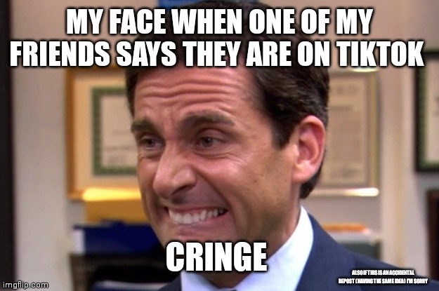 Srry if it isnt original |  MY FACE WHEN ONE OF MY FRIENDS SAYS THEY ARE ON TIKTOK; CRINGE; ALSO IF THIS IS AN ACCIDENTAL REPOST (HAVING THE SAME IDEA) I'M SORRY | image tagged in cringe,tiktok sucks,bad,oh wow are you actually reading these tags,memes,funny | made w/ Imgflip meme maker