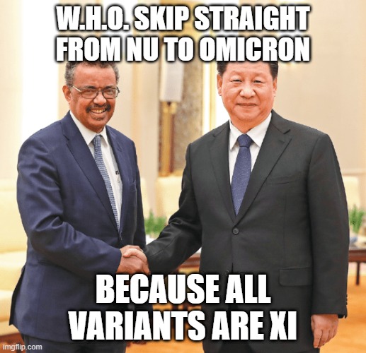 Origins |  W.H.O. SKIP STRAIGHT FROM NU TO OMICRON; BECAUSE ALL VARIANTS ARE XI | image tagged in xi jinping,tedros,world health organisation,who,communism,globalism | made w/ Imgflip meme maker