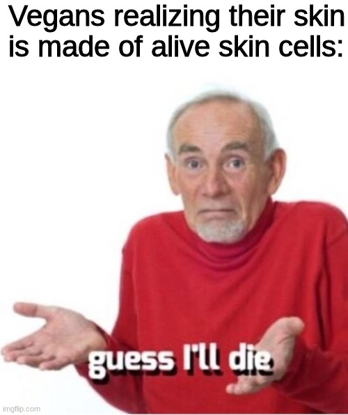 vegans | Vegans realizing their skin is made of alive skin cells: | image tagged in guess i'll die,vegan,funny,memes,oh wow are you actually reading these tags,stop reading the tags | made w/ Imgflip meme maker