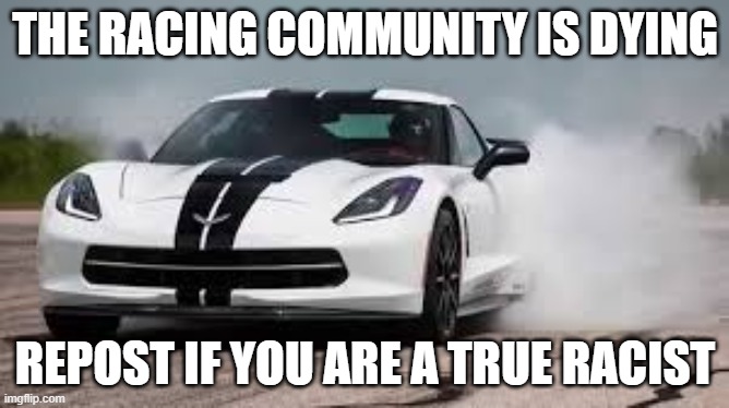 cars | THE RACING COMMUNITY IS DYING; REPOST IF YOU ARE A TRUE RACIST | image tagged in race car | made w/ Imgflip meme maker