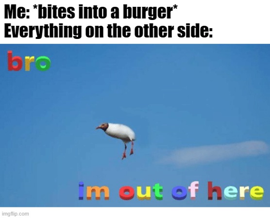 Bro I'm out of here | Me: *bites into a burger*
Everything on the other side: | image tagged in bro i'm out of here,memes,funny,burger | made w/ Imgflip meme maker