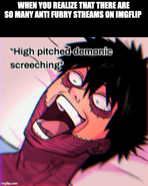 Lol, I like anime too | WHEN YOU REALIZE THAT THERE ARE SO MANY ANTI FURRY STREAMS ON IMGFLIP | image tagged in dabi high pitched demonic screeching | made w/ Imgflip meme maker