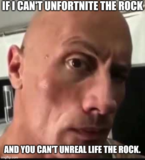 Dwayne Johnson eyebrow raise | IF I CAN'T UNFORTNITE THE ROCK; AND YOU CAN'T UNREAL LIFE THE ROCK. | image tagged in dwayne johnson eyebrow raise | made w/ Imgflip meme maker