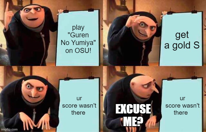 w h a ? | play "Guren No Yumiya" on OSU! get a gold S; ur score wasn't there; ur score wasn't there; EXCUSE ME? | made w/ Imgflip meme maker