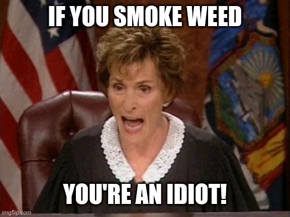 Judge Judy | IF YOU SMOKE WEED; YOU'RE AN IDIOT! | image tagged in judge judy | made w/ Imgflip meme maker