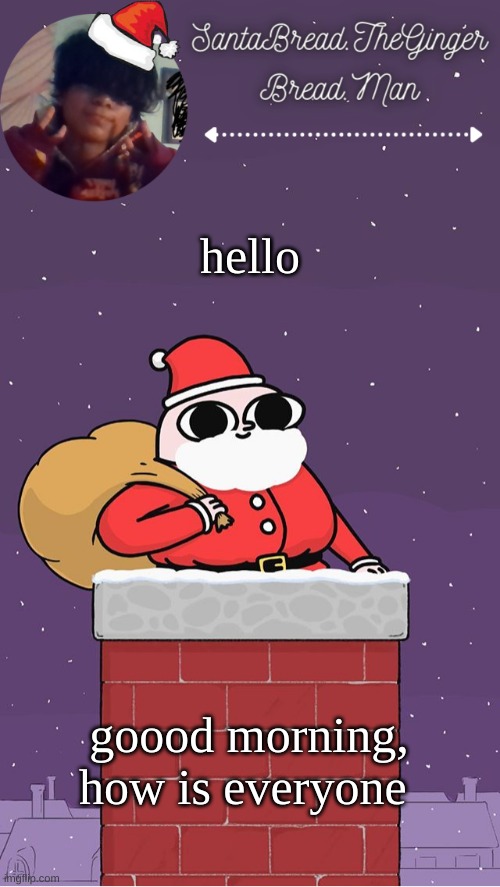 h i :P | hello; goood morning, how is everyone | image tagged in breads face christmas temp | made w/ Imgflip meme maker