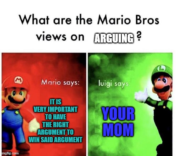 LuIgI lIkeS yOuR mOm | ARGUING; IT IS VERY IMPORTANT TO HAVE THE RIGHT ARGUMENT TO WIN SAID ARGUMENT; YOUR MOM | image tagged in mario bros views | made w/ Imgflip meme maker