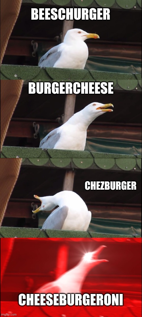 Inhaling Seagull | BEESCHURGER; BURGERCHEESE; CHEZBURGER; CHEESEBURGERONI | image tagged in memes,inhaling seagull | made w/ Imgflip meme maker