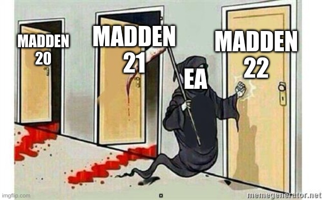 Electronic Arts | MADDEN 22; MADDEN 21; MADDEN 20; EA | image tagged in grim reaper knocking door | made w/ Imgflip meme maker