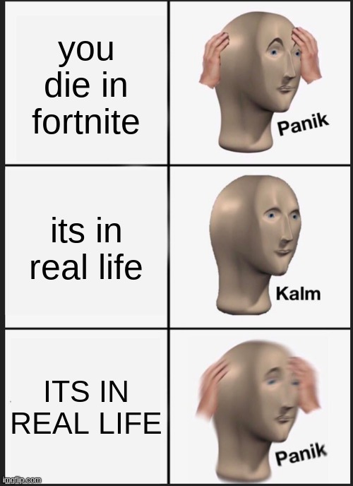 fortnite | you die in fortnite; its in real life; ITS IN REAL LIFE | image tagged in memes,panik kalm panik | made w/ Imgflip meme maker