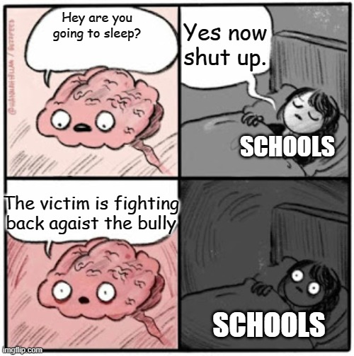 Brain Before Sleep | Yes now shut up. Hey are you going to sleep? SCHOOLS; The victim is fighting back agaist the bully; SCHOOLS | image tagged in brain before sleep | made w/ Imgflip meme maker