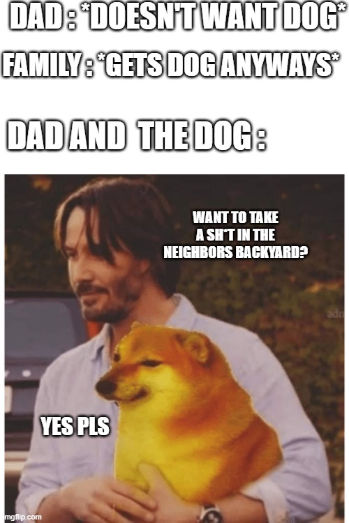 Keanu and doge | DAD : *DOESN'T WANT DOG*; FAMILY : *GETS DOG ANYWAYS*; DAD AND  THE DOG :; WANT TO TAKE A SH*T IN THE NEIGHBORS BACKYARD? YES PLS | image tagged in keanu,doge,lol,fun,lmao | made w/ Imgflip meme maker