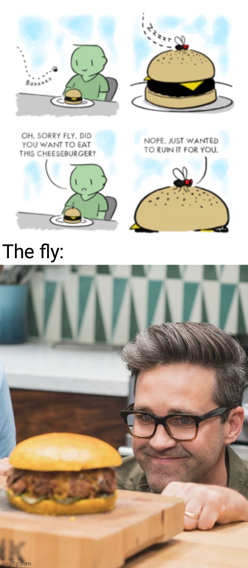 Fly burger moment | The fly: | image tagged in man looking burger,fly,burger,memes,comics/cartoons,comics | made w/ Imgflip meme maker