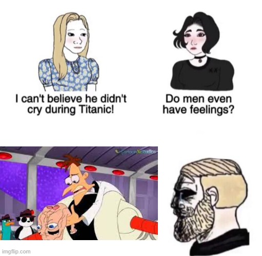 I actually cried when I first watched this | image tagged in he didn't cry during titanic,phineas and ferb,boys vs girls | made w/ Imgflip meme maker
