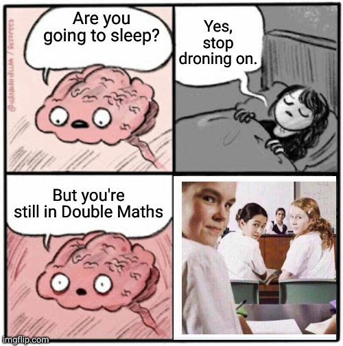 Sleeping in Double Maths | Yes, stop droning on. Are you going to sleep? But you're still in Double Maths | image tagged in brain before sleep | made w/ Imgflip meme maker