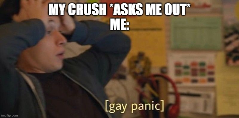 happened yesterday | MY CRUSH *ASKS ME OUT*
ME: | image tagged in gay panic | made w/ Imgflip meme maker