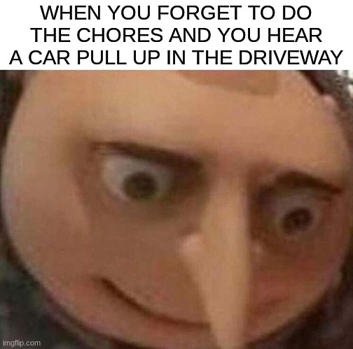 anyone relate? :OOOO | WHEN YOU FORGET TO DO THE CHORES AND YOU HEAR A CAR PULL UP IN THE DRIVEWAY | image tagged in gru meme | made w/ Imgflip meme maker