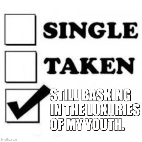 Single, Taken, Still young! | STILL BASKING IN THE LUXURIES OF MY YOUTH. | image tagged in single taken priorities | made w/ Imgflip meme maker