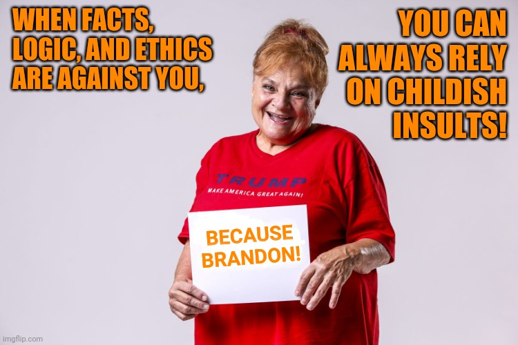 Losers Because Brandon | WHEN FACTS, LOGIC, AND ETHICS ARE AGAINST YOU, YOU CAN ALWAYS RELY ON CHILDISH INSULTS! BECAUSE
BRANDON! | image tagged in the rozinator,childish,insults,trump supporters | made w/ Imgflip meme maker