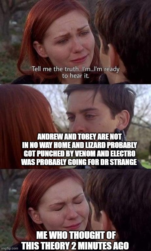 Peter Parker and Mary Jane | ANDREW AND TOBEY ARE NOT IN NO WAY HOME AND LIZARD PROBABLY GOT PUNCHED BY VENOM AND ELECTRO WAS PROBABLY GOING FOR DR STRANGE; ME WHO THOUGHT OF THIS THEORY 2 MINUTES AGO | image tagged in peter parker and mary jane | made w/ Imgflip meme maker