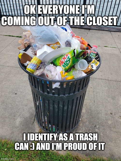 KNOW YOUR PLACE. TRASH | OK EVERYONE I'M COMING OUT OF THE CLOSET; I IDENTIFY AS A TRASH CAN :) AND I'M PROUD OF IT | image tagged in trash can,gay,oh wow are you actually reading these tags,shitpost | made w/ Imgflip meme maker