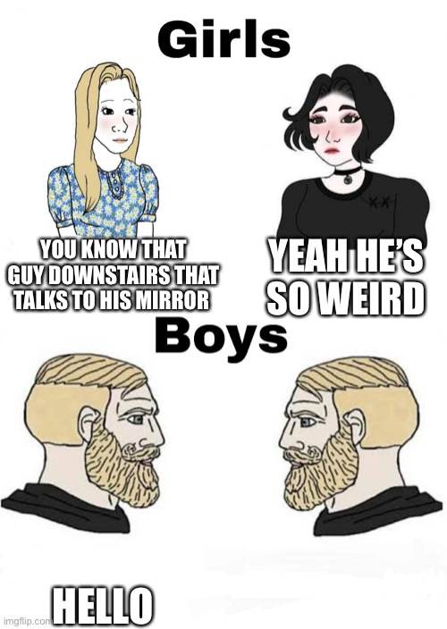 Girls vs Boys |  YOU KNOW THAT GUY DOWNSTAIRS THAT TALKS TO HIS MIRROR; YEAH HE’S SO WEIRD; HELLO | image tagged in girls vs boys,memes,funny,memes about memes,mirror,barney will eat all of your delectable biscuits | made w/ Imgflip meme maker