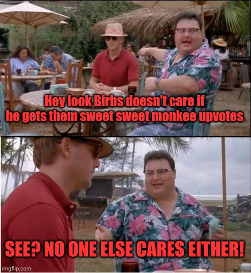 See Nobody Cares Meme | Hey look Birbs doesn't care if he gets them sweet sweet monkee upvotes SEE? NO ONE ELSE CARES EITHER! | image tagged in memes,see nobody cares | made w/ Imgflip meme maker