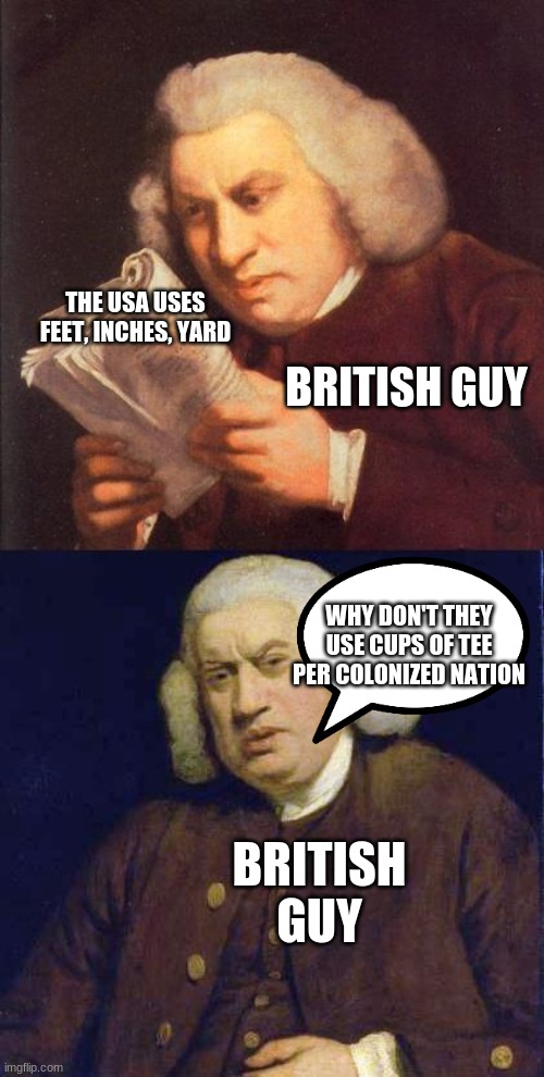 cups of tee per colonized nation |  THE USA USES FEET, INCHES, YARD; BRITISH GUY; WHY DON'T THEY USE CUPS OF TEE PER COLONIZED NATION; BRITISH GUY | image tagged in dafuq did i just read | made w/ Imgflip meme maker