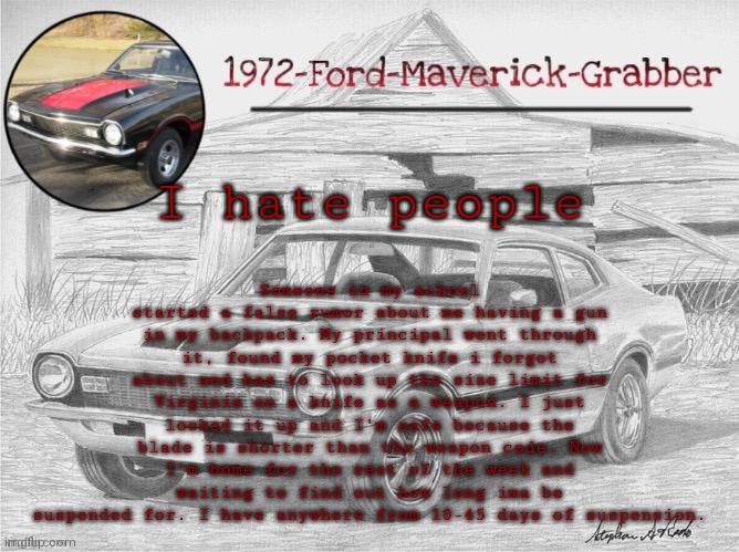Give BALLS | Someone in my school started a false rumor about me having a gun in my backpack. My principal went through it, found my pocket knife i forgot about and has to look up the size limit for Virginia on a knife as a weapon. I just looked it up and I'm safe because the blade is shorter than the weapon code. Now I'm home for the rest of the week and waiting to find out how long ima be suspended for. I have anywhere from 10-45 days of suspension. I hate people | image tagged in maverick template | made w/ Imgflip meme maker