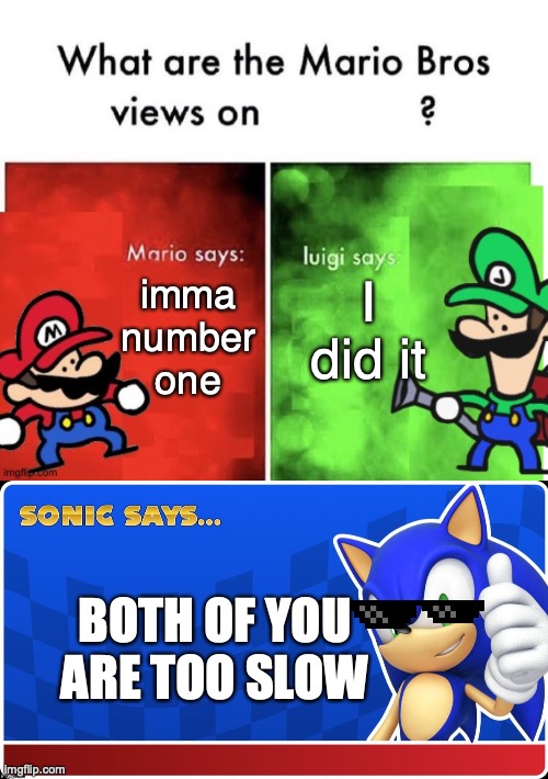 imma number one; I did it; BOTH OF YOU ARE TOO SLOW | image tagged in terminalmontage mario bros views,sonic says s asr | made w/ Imgflip meme maker