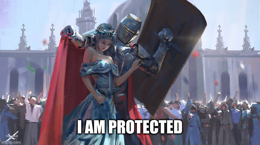 Knight Protecting Princess | I AM PROTECTED | image tagged in knight protecting princess | made w/ Imgflip meme maker