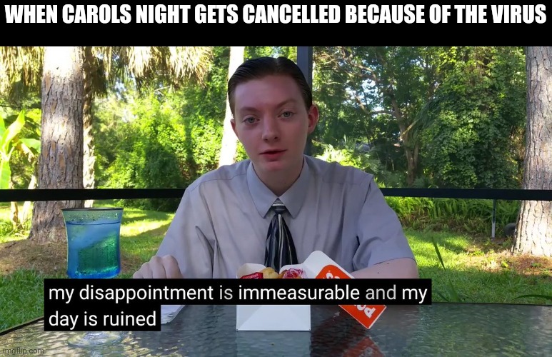 Coronavirus sucks | WHEN CAROLS NIGHT GETS CANCELLED BECAUSE OF THE VIRUS | image tagged in my disappointment is immeasurable | made w/ Imgflip meme maker