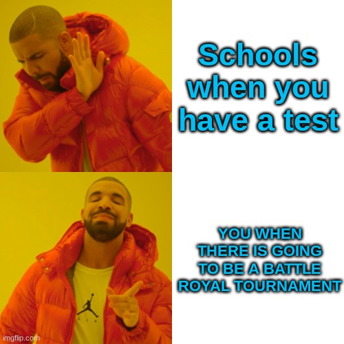 Every one that's a battle royal sweat | Schools when you have a test; YOU WHEN THERE IS GOING TO BE A BATTLE ROYAL TOURNAMENT | image tagged in memes,drake hotline bling | made w/ Imgflip meme maker