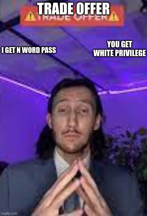 Do i get the pass? | TRADE OFFER; I GET N WORD PASS; YOU GET WHITE PRIVILEGE | image tagged in trade offer | made w/ Imgflip meme maker