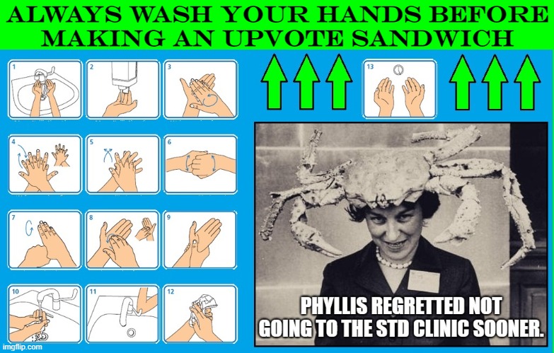The importance of Hygiene when serving meme sandwiches |  ALWAYS WASH YOUR HANDS BEFORE
MAKING AN UPVOTE SANDWICH | image tagged in vince vance,hand washing,memes,make me a sandwich,crabs,wash your hands | made w/ Imgflip meme maker