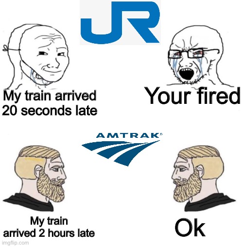 Chad we know | Your fired; My train arrived 20 seconds late; Ok; My train arrived 2 hours late | image tagged in chad we know | made w/ Imgflip meme maker