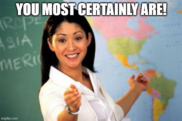 Unhelpful High School Teacher Meme | YOU MOST CERTAINLY ARE! | image tagged in memes,unhelpful high school teacher | made w/ Imgflip meme maker
