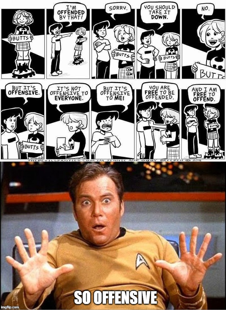 SO OFFENSIVE | image tagged in offended william shatner,political meme | made w/ Imgflip meme maker