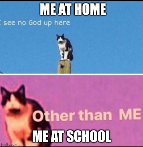 I see no god up here other than me | ME AT HOME; ME AT SCHOOL | image tagged in i see no god up here other than me | made w/ Imgflip meme maker