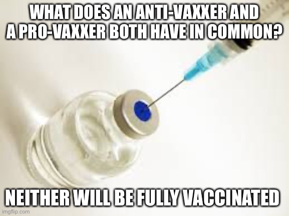 Vaccine | WHAT DOES AN ANTI-VAXXER AND A PRO-VAXXER BOTH HAVE IN COMMON? NEITHER WILL BE FULLY VACCINATED | image tagged in vaccine | made w/ Imgflip meme maker