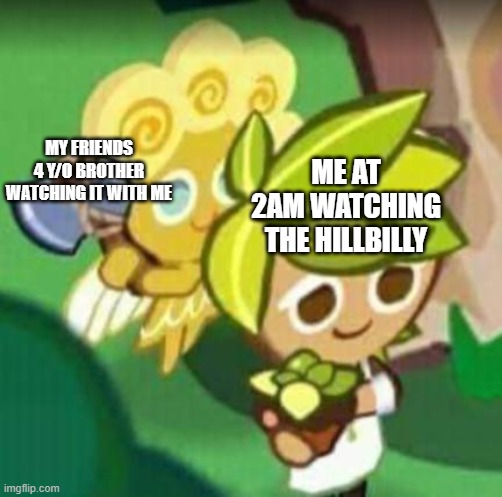 THE HILLBILLY | ME AT 2AM WATCHING THE HILLBILLY; MY FRIENDS 4 Y/O BROTHER WATCHING IT WITH ME | image tagged in chop chop gay gay | made w/ Imgflip meme maker