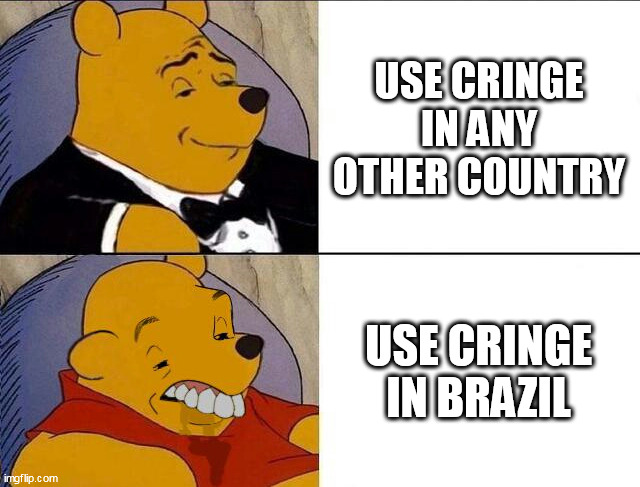 Tuxedo Winnie the Pooh grossed reverse | USE CRINGE IN ANY OTHER COUNTRY; USE CRINGE IN BRAZIL | image tagged in tuxedo winnie the pooh grossed reverse | made w/ Imgflip meme maker