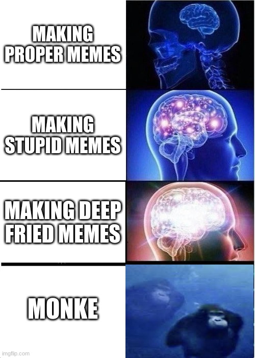 Expanding Brain | MAKING PROPER MEMES; MAKING STUPID MEMES; MAKING DEEP FRIED MEMES; MONKE | image tagged in memes,expanding brain | made w/ Imgflip meme maker