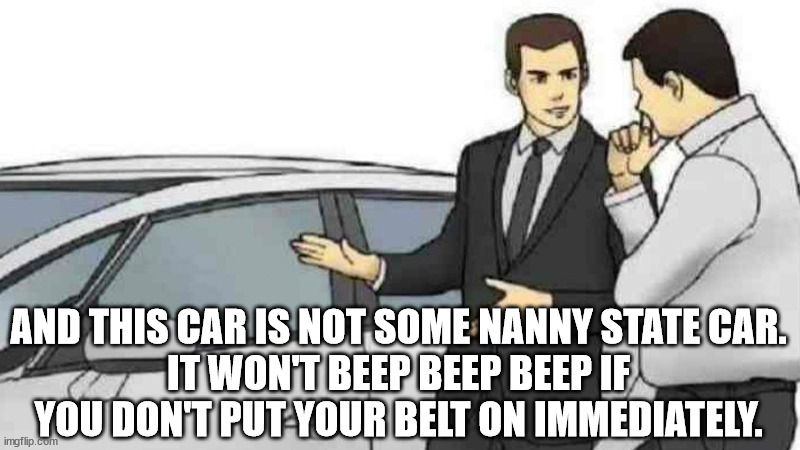 Car Salesman Slaps Roof Of Car Meme | AND THIS CAR IS NOT SOME NANNY STATE CAR.
IT WON'T BEEP BEEP BEEP IF YOU DON'T PUT YOUR BELT ON IMMEDIATELY. | image tagged in memes,car salesman slaps roof of car | made w/ Imgflip meme maker