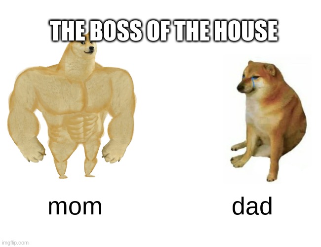 the boss of the house | THE BOSS OF THE HOUSE; mom; dad | image tagged in memes,buff doge vs cheems | made w/ Imgflip meme maker