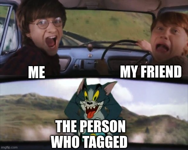 meme | MY FRIEND; ME; THE PERSON WHO TAGGED | image tagged in tom chasing harry and ron weasly | made w/ Imgflip meme maker