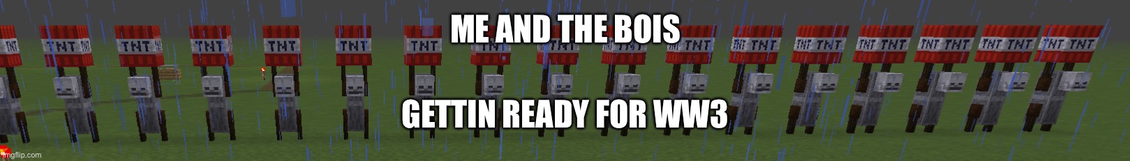 TNT skeleton army | ME AND THE BOIS; GETTIN READY FOR WW3 | image tagged in tnt skeleton army | made w/ Imgflip meme maker