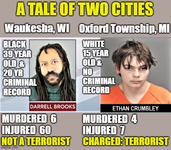 A tale of two cities-darrell brooks and ethan crumbley | A TALE OF TWO CITIES; Oxford Township, MI; Waukesha, WI; WHITE
15 YEAR
OLD &
NO
CRIMINAL
RECORD; BLACK
39 YEAR
OLD  &
20 YR 

CRIMINAL
RECORD; MURDERED  6
INJURED  60; MURDERED  4
INJURED  7; NOT A TERRORIST; CHARGED: TERRORIST | image tagged in political meme,a tale of two cities,terrorist,black and white,murder,blm | made w/ Imgflip meme maker