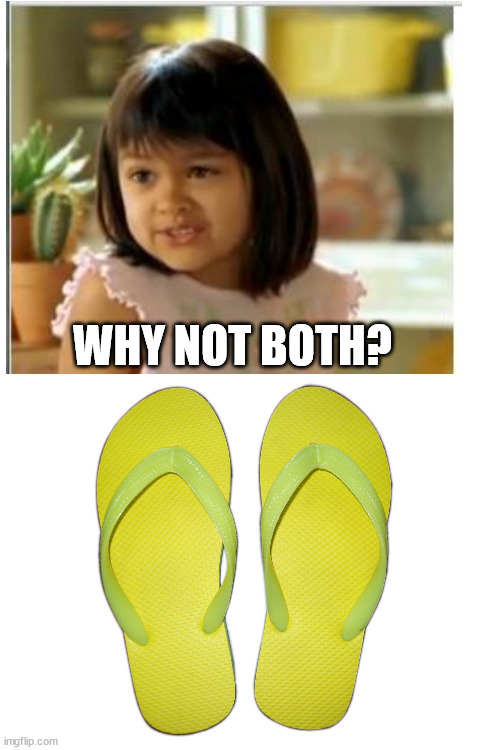 Flip Flops | WHY NOT BOTH? | image tagged in flip flops | made w/ Imgflip meme maker