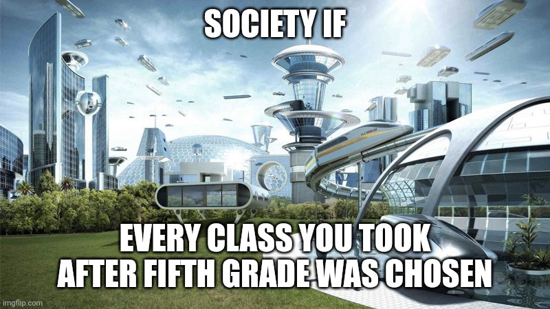 The future world if | SOCIETY IF; EVERY CLASS YOU TOOK AFTER FIFTH GRADE WAS CHOSEN | image tagged in the future world if | made w/ Imgflip meme maker